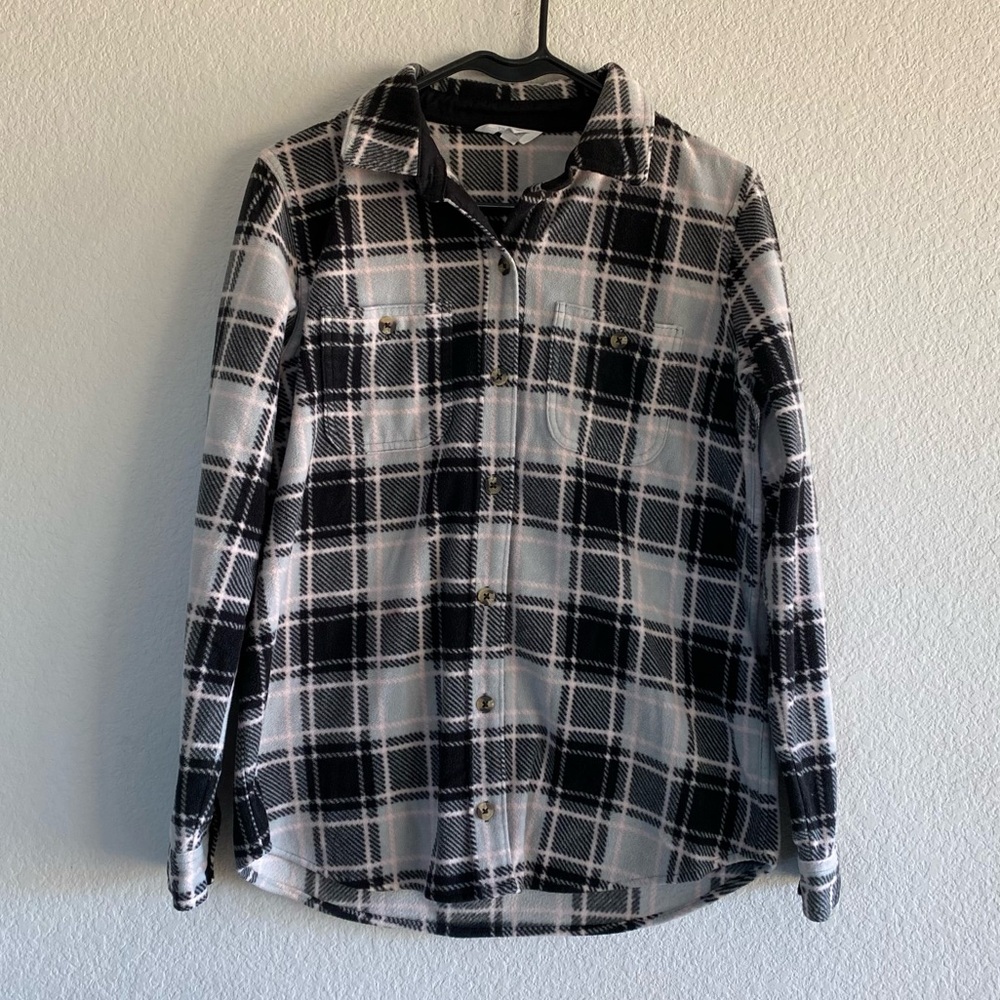 Time & Tru Black Gray Pink Plaid‎ Flannel Button Down Fleece Shacket Size S 4-6